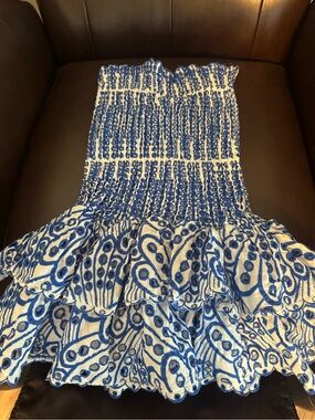Blue and White Smocked Ruffle Midi Skirt